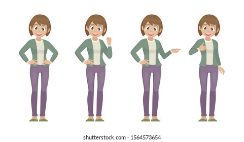 Cartoon character Poses, Set of Women in Casual Clothes with Different Expressions,vector eps10