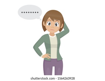 Cartoon character Poses, Young woman scratching head pensive gesture and forgetful face expression.,vector eps10