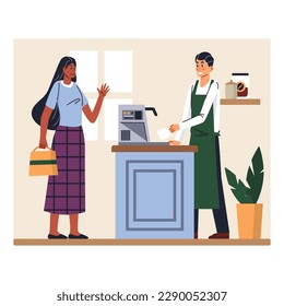 Cartoon character of positive male making coffee for young woman. Process of preparing coffee drink. Small business owner. Service sector worker. Professional barista occupation. Vector