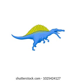 Cartoon character of prehistoric animal - spinosaurus. Giant blue dinosaur with green spines on back. Flat vector element for mobile game or children s encyclopedia