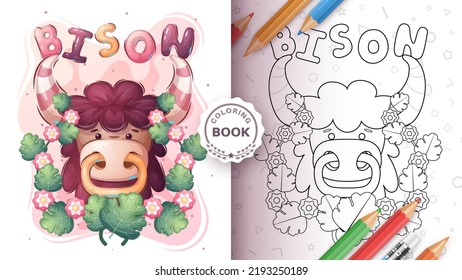 Cartoon character pretty animal bison - coloring book