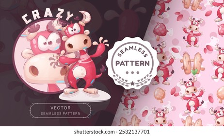 Cartoon character pretty animal cow dino - seamless pattern. Vector eps 10