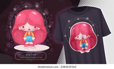 Cartoon character pretty girl witn pink hair. Vector eps 10