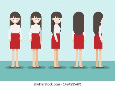 Cartoon character with pretty lady in casual for animation. Front, side, back, 3/4 view character. Separate parts of body. Flat vector illustration.