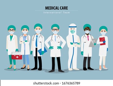 Cartoon character with professional doctors and nurses wearing protective suite and standing together to fight coronavirus flat icon design vector