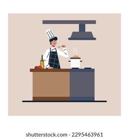 Cartoon character of professional male chef in uniform cooking. Time for making soup. Restaurant kitchen worker doing his job. Commercial food industry. Vector