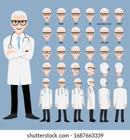 Cartoon character with a professional male doctor in a smart uniform for animation. Front, side, back, 3-4 view character. Separate parts of the body. Flat vector illustration.