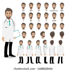 Cartoon character with a professional male doctor in a smart uniform for animation. Front, side, back, 3-4 view character. Separate parts of the body. Flat vector illustration.