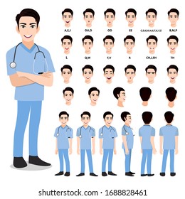 Cartoon character with a professional male doctor in a smart uniform for animation. Front, side, back, 3-4 view character. Separate parts of the body. Flat vector illustration.