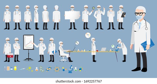 Cartoon character with a professional male doctor or medical worker wearing medical mask on face in different poses to fight corona-virus. Flat icon design