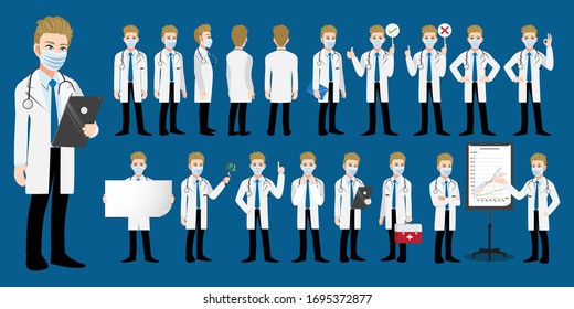 Cartoon character with a professional male doctor or medical worker wearing medical mask on face in different poses to fight corona-virus. Flat icon design