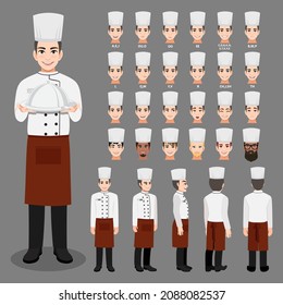 Cartoon character with Professional Man Chef in uniform for animation. Front, side, back, view character. Separate parts of body. Flat vector illustration