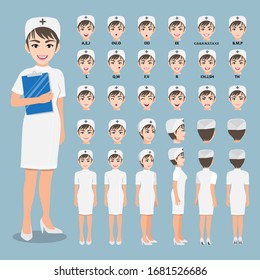 Cartoon character with professional nurse in smart uniform for animation. Front, side, back, 3-4 view character. Separate parts of body. Flat vector illustration.