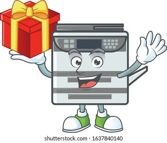 cartoon character of professional office copier with a box of gift