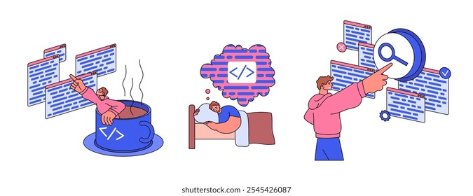 Cartoon Character Programmer Coding Set Software Engineering and Script Concept Flat Design Style. Vector illustration of Programmers
