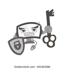 cartoon character protect your computer from cyber crime virus attack with white background