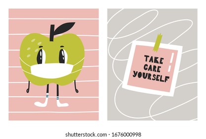 Cartoon character in a protective face mask. A leaflet that says "Take care yourself". A call to protect yourself from viruses and diseases. Vector illustration