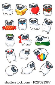 Cartoon character pug dog poses. Cute Pet dog in the flat style. Set dogs. Cute dog of pug breed.Vector collection of cute cartoon pugs: puppies, adult dog. Dogs emoji stickers,patches collection.