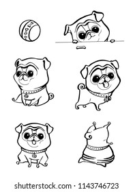 Cartoon character pug dog poses. Cute Pet dog in the flat style. Set dogs. Cute dog of pug breed. Vector collection of cute cartoon pugs puppies, adult dog. Dogs emoji stickers, patches collection.