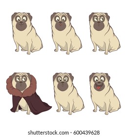 Cartoon character pug dog poses. Set dogs