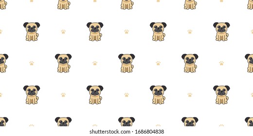 Cartoon character pug dog seamless pattern background for design.