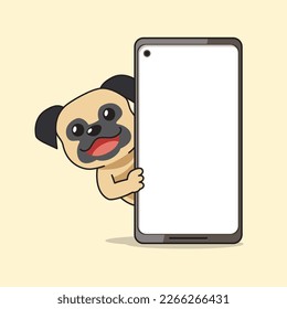Cartoon character pug dog and smartphone for design.