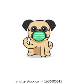 Cartoon character pug dog wearing protective face mask for design.