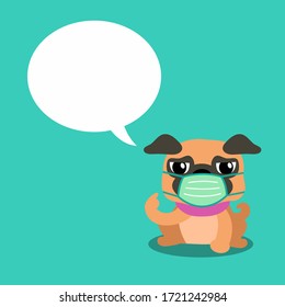 Cartoon character pug dog wearing protective face mask with speech bubble for design.