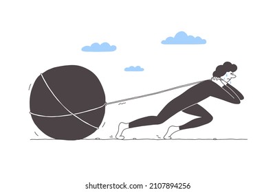 Cartoon character pulling big stone on rope. Unhappy man with sweat drops drags rock heavy boulder. Sad tired person. Duty, burden, struggle or effort. Debt, hard work, hardship vector illustration
