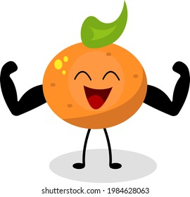 cartoon character with pumped up muscles laughing orange with stylish hairstyle on white background healthy food and sport concept