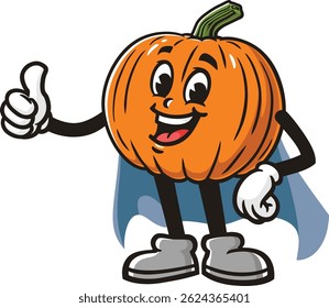 Cartoon character pumpkin in caped superhero style