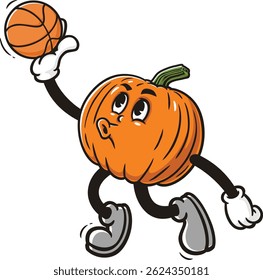 Cartoon character Pumpkin is playing slam dunk basketball