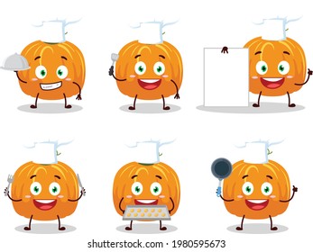 Caricatura de calabaza con varios emoticonos del chef