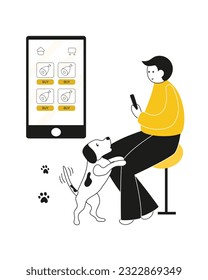Cartoon character purchasing food, dog playing near owner. Male sitting, holding mobile phone and ordering food for dog. Animals care concept. Vector flat illustration in yellow and black colors