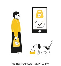 Cartoon character purchasing food for dog online. Male standing near mobile screen, and took order to pet. Owner feeds and take care of his dog. Vector flat illustration in yellow and black colors