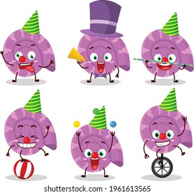 Cartoon character of purple clam with various circus shows