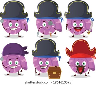 Cartoon character of purple clam with various pirates emoticons