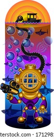 
cartoon character purple diver with video camera in gold spacesuit on the seabed