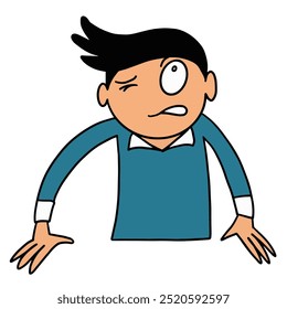 Personagem de desenho animado com expressão intrigada, vestindo camisa azul, transmitindo confusão e curiosidade