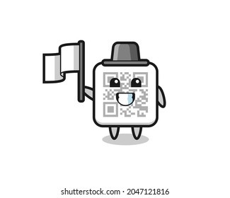 Cartoon character of qr code holding a flag , cute design