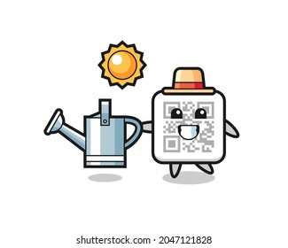 Cartoon character of qr code holding watering can , cute design