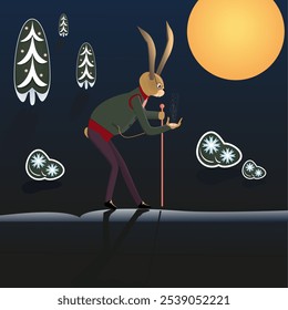 The cartoon character rabbit looks into his magic clock and hurries to celebrate Christmas.