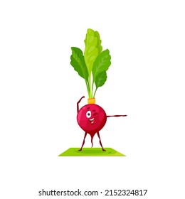 Cartoon character radish doing sport trainings isolated summer healthy veggie mascot. Vector emoticon on fitness pilates yoga mat, vegetarian food, funny emoji healthy organic vegetable on mat