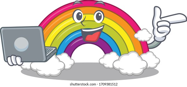 Cartoon character of rainbow clever student studying with a laptop