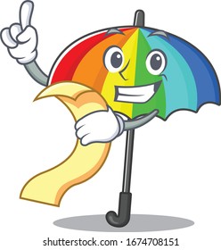 cartoon character of rainbow umbrella holding menu ready to serve