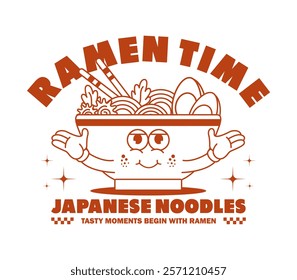 Cartoon character of ramen Japanese food. Ideal for T-shirt print design, stickers, posters, and prints. Retro cartoon style. Vector illustration