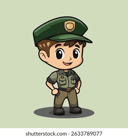Cartoon character of a ranger, wearing a green uniform and cap, standing with hands on hips and smiling.