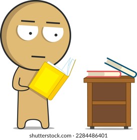 Cartoon character reading a book in front of a desk.