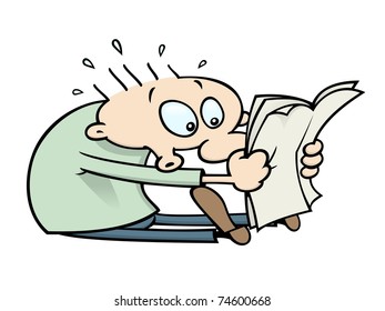 Cartoon character reads shocking news in the newspaper