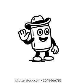 Personnage de dessin animé, forme rectangulaire avec un chapeau de cow-boy, saluant